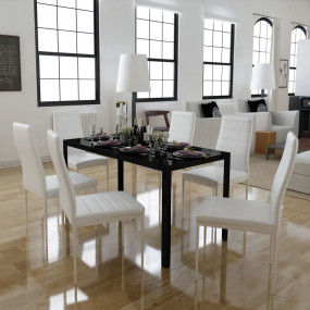 Dining Set Black and White Tempered Glass, Faux Leather...