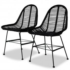 Dining Chair Set of 2 Black Natural rattan, Wrought iro...