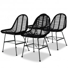 Dining Chair Set of 4 Black Natural rattan, wrought iro...