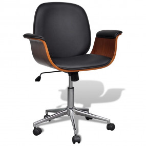 Office Chair Black and Brown Faux Leather, Bent Wood, C...
