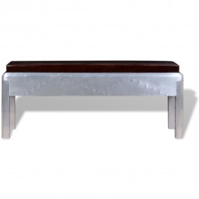 Entryway Bench Brown and Silver Real Goat Leather and A...