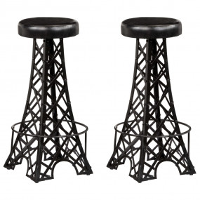 Bar Stool Set of 2 Black Real leather, powder-coated ir...