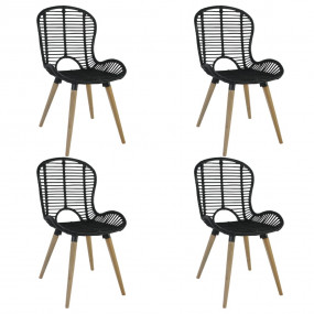 Dining Chair Set of 4 Black Natural Rattan, Wood