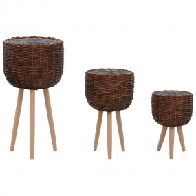Planter Set of 3 Brown Wicker, Beech wood, PE lining