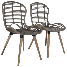 Dining Chair Set of 2 Brown Natural rattan and wood Sta...