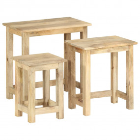 Side Table Set of 3 Brown Solid Mango Wood Small to Med...