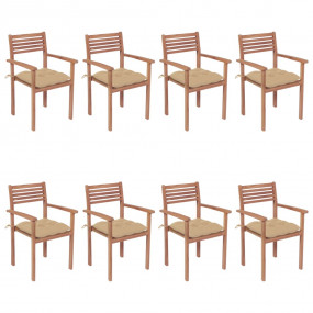Patio Chair Set of 8 Beige Solid Teak Wood Regular Stac...