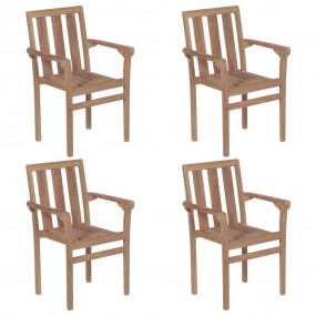 Stackable Chair Set of 4 Warm Brown Solid Teak Wood Sta...