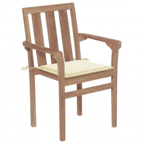 Stackable Chair Set of 4 Cream Teak wood, 100% polyeste...