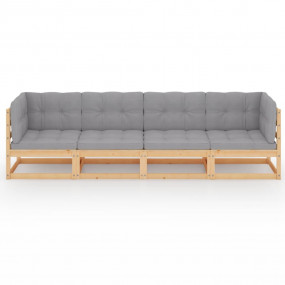 Garden Sofa Grey Solid Pinewood, Fabric 4-Seater Modula...