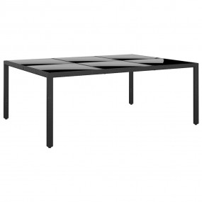 Garden Table Black Poly Rattan, Tempered Glass, Powder-...