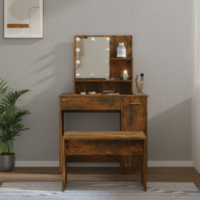 Dressing Table Set With LED Smoked Oak Engineered Wood ...