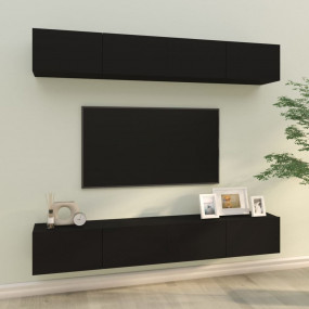 Wall TV Cabinet Set of 4 Black Engineered Wood Drop-Dow...