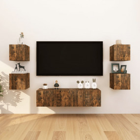 Wall-mounted TV Cabinet Set of 8 Smoked Oak Engineered ...