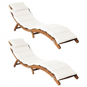 Sun Lounger Set of 2 Cream white Solid Acacia wood Stan...