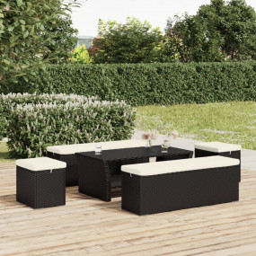 Ottoman Set of 2 Black, Cream White PE Rattan, Powder-C...