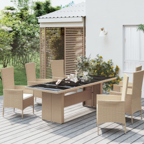 Garden Table With Glass Top Beige PE rattan, steel, tem...