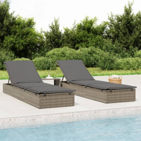 Patio Sunbed Set of 3 Gray PE Rattan, Powder-Coated Ste...