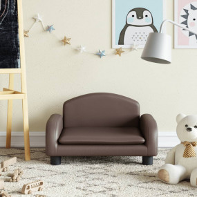Kids Sofa Brown Faux Leather, Pine Wood, Foam Mini Dura...