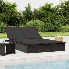 Sunbed Black PE rattan Double Adjustable Armrests Sunbe...