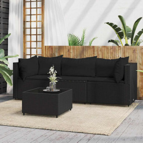 Patio Lounge Set Black PE Rattan, powder-coated steel, ...