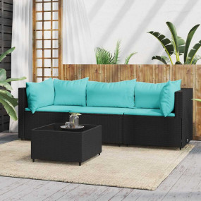 Patio Lounge Set Black PE Rattan, Powder-Coated Steel, ...