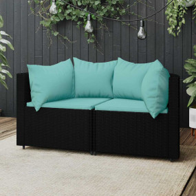 Patio Corner Sofa Black with water blue cushions