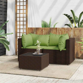 Patio Lounge Set Brown with green cushions PE rattan