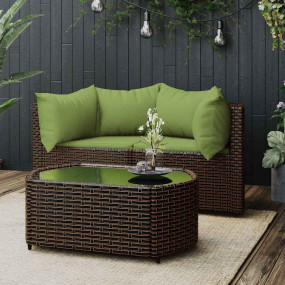Patio Lounge Set Brown with Green Cushions