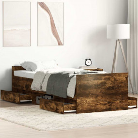 Bed Frame Smoked Oak Engineered wood, Solid pinewood, P...