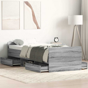 Bed Frame Grey sonoma Engineered wood, Solid pinewood, ...