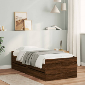 Bed Frame Brown Oak Engineered Wood, Plywood Twin Bed F...