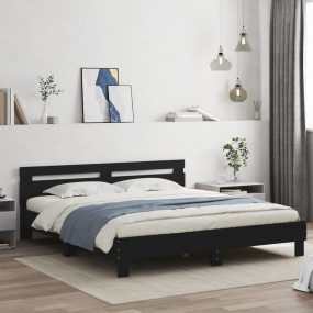Bed Frame Black Engineered wood, Plywood Double Modern