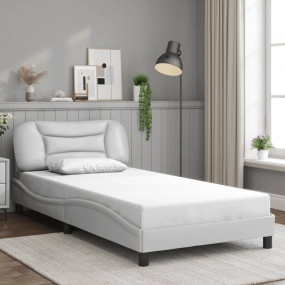 Bed Frame White Faux leather, metal, solid pine wood, p...