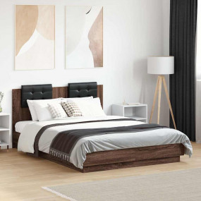 Bed Frame Brown Oak and Black Engineered Wood, Faux Lea...