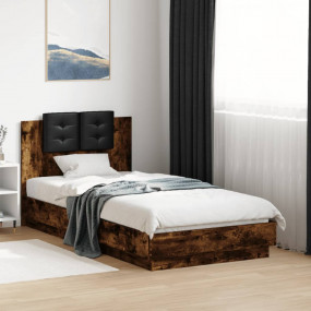 Bed Frame Smoked Oak, Black Engineered wood, Faux leath...