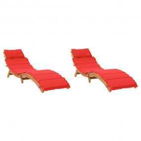 Patio Sunlounger Set of 2 Red, Natural Solid Acacia Woo...