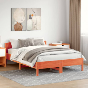 Bed Frame Wax Brown Solid Pine Wood, Plywood Slats King...