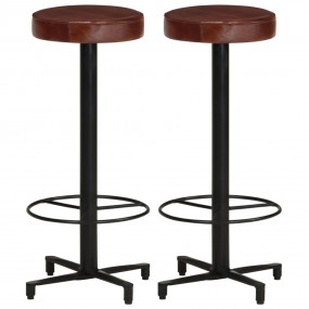 Bar Stool Set of 2 Brown, Black Real leather, Powder-co...