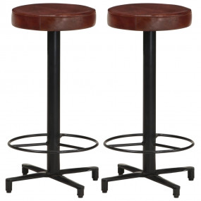 Bar Stool Set of 2 Brown, Black Real Leather, Powder-Co...