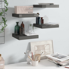 Wall Shelf Set of 4 High gloss grey Honeycomb MDF, meta...