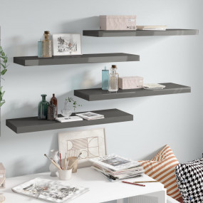 Wall Shelf Set of 4 High gloss grey Honeycomb MDF, meta...