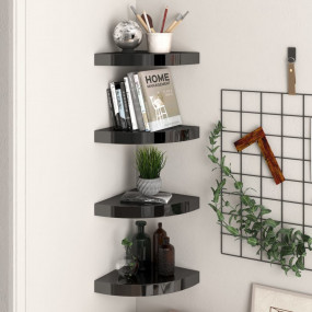 Corner Shelf Set of 4 High Gloss Black Honeycomb MDF an...