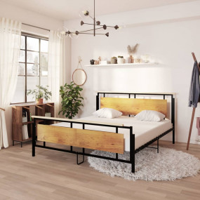 Bed Frame Black, Brown Solid oak wood, powder-coated me...