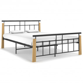 Bed Frame Black and Light Oak Powder-Coated Metal, Soli...