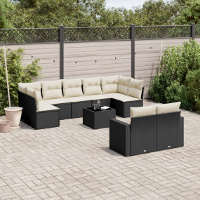 Garden Sofa Set Black and Cream White PE Rattan Large