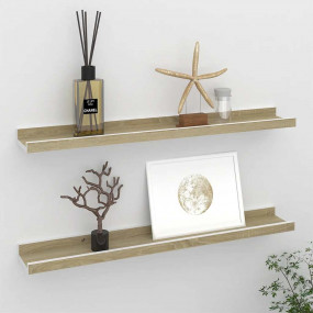 Wall Shelf Set of 2 White and Sonoma Oak MDF 23.6in lon...