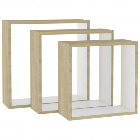 Wall Cube Shelf Set of 3 White and Sonoma Oak MDF Small...