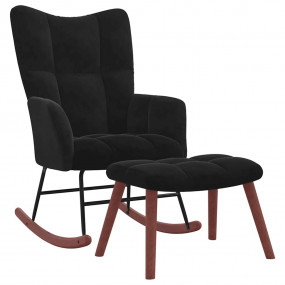 Rocking Chair With Stool Black Velvet, solid rubber woo...