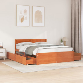 Bed Frame Wax Brown Solid Pine Wood, Plywood 59 x 79 in...